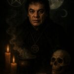 Ilustración de Juan Gabriel con elementos esotéricos, en alusión a las investigaciones sobre su interés en la brujería