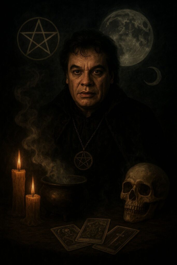 Ilustración de Juan Gabriel con elementos esotéricos, en alusión a las investigaciones sobre su interés en la brujería