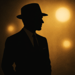 Ilustración en tonos dorados y negros con silueta masculina elegante inspirada en el cine de oro mexicano.