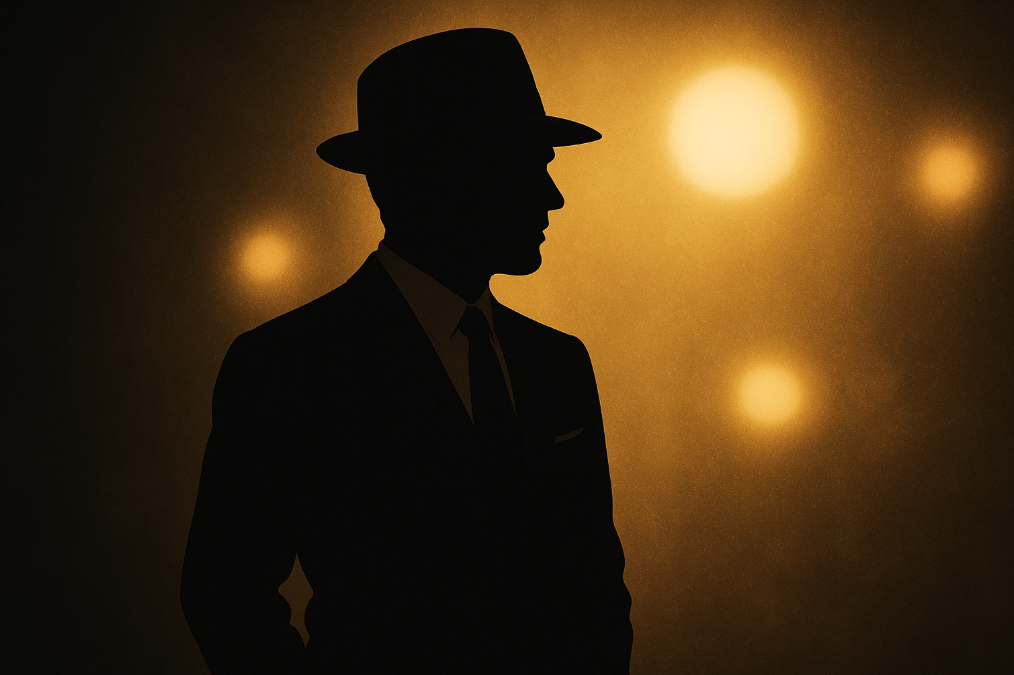 Ilustración en tonos dorados y negros con silueta masculina elegante inspirada en el cine de oro mexicano.