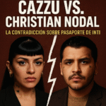 Portada editorial sobre Cazzu y Christian Nodal, ilustración conceptual del conflicto por el pasaporte de su hija Inti, tono elegante, estilo Elisa Beristain.