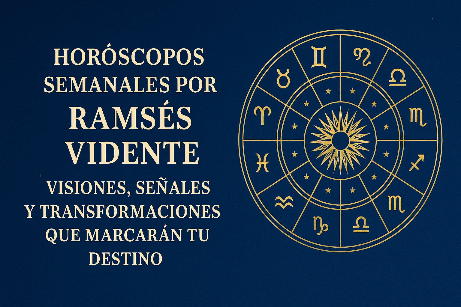 Diseño digital con fondo azul y un círculo zodiacal dorado que ilustra los horóscopos semanales de Ramsés Vidente para Elisa Beristain.