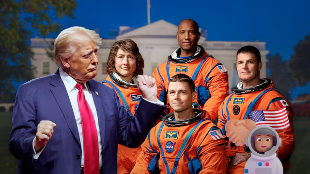 Presidente Donald Trump con astronautas de Artemis II Christina Koch y Reid Wiseman en la Oficina Oval 2026.